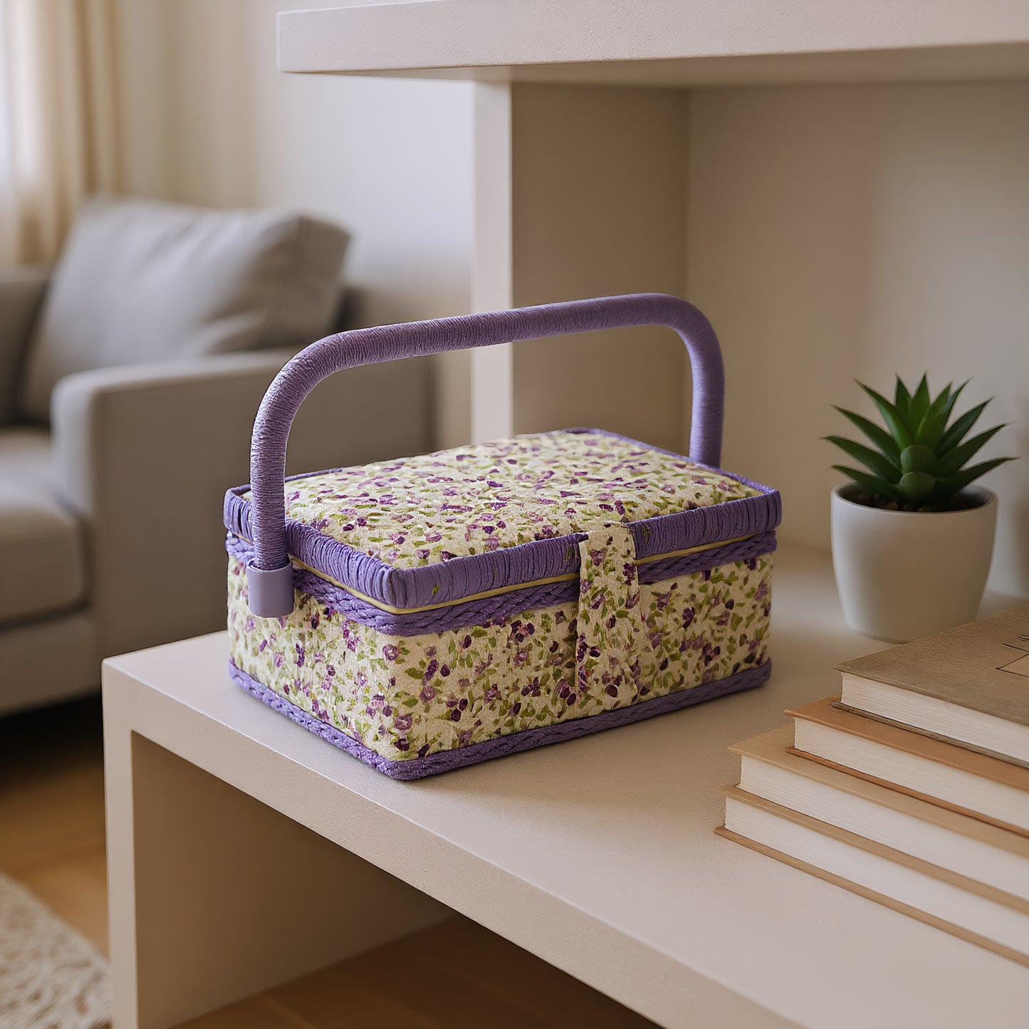 Wooden Sewing Kit Storage Box with Handle Sewing Kit Carrying Organizer with Removable Tray Large Capacity for Sew Mending Beginner Professional Gift (Purple floral)