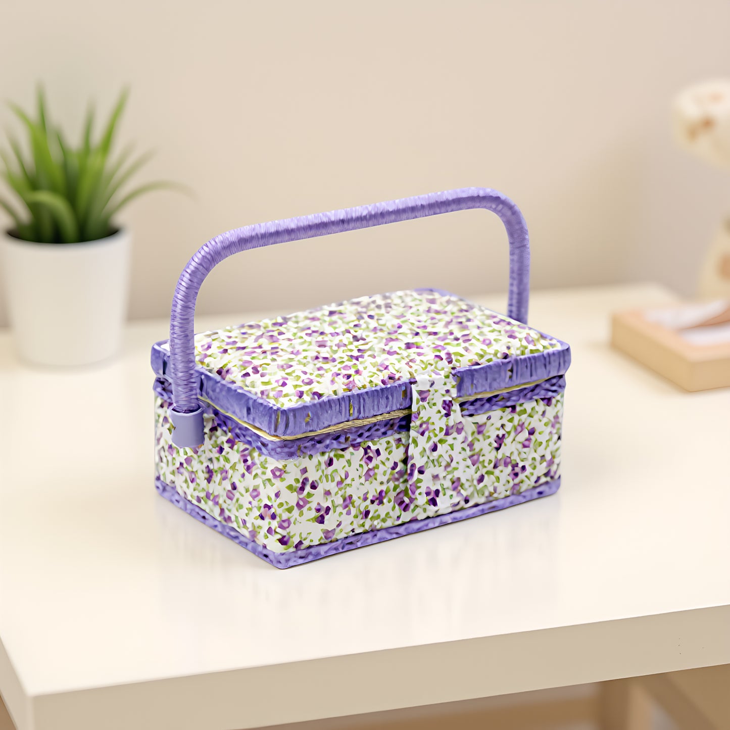 Wooden Sewing Kit Storage Box with Handle Sewing Kit Carrying Organizer with Removable Tray Large Capacity for Sew Mending Beginner Professional Gift (Purple floral)