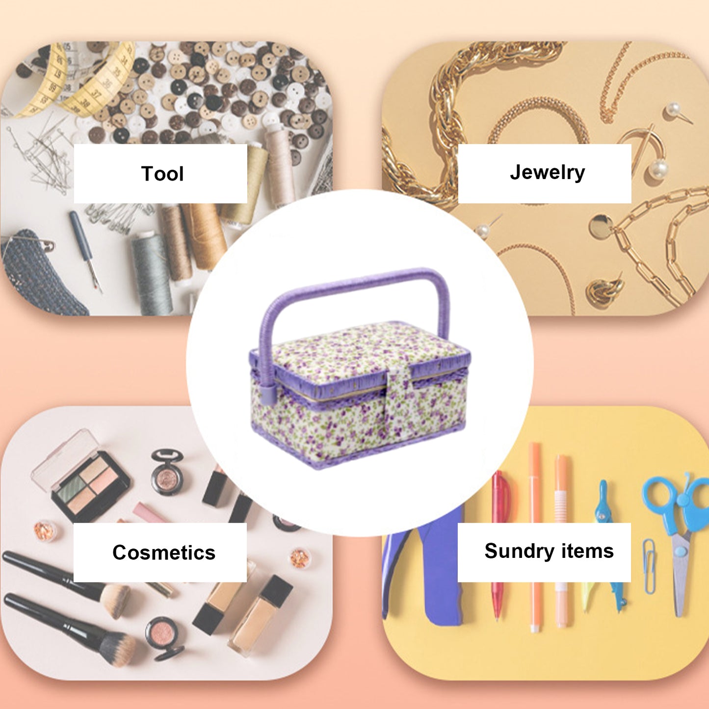 Wooden Sewing Kit Storage Box with Handle Sewing Kit Carrying Organizer with Removable Tray Large Capacity for Sew Mending Beginner Professional Gift (Purple floral)