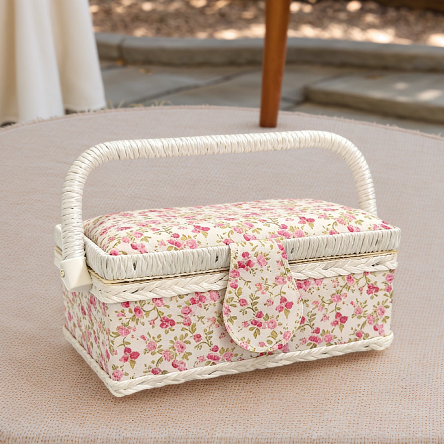 Wooden Sewing Kit Storage Box with Handle Sewing Kit Carrying Organizer with Removable Tray Large Capacity for Sew Mending Beginner Professional Gift (Pink flower)