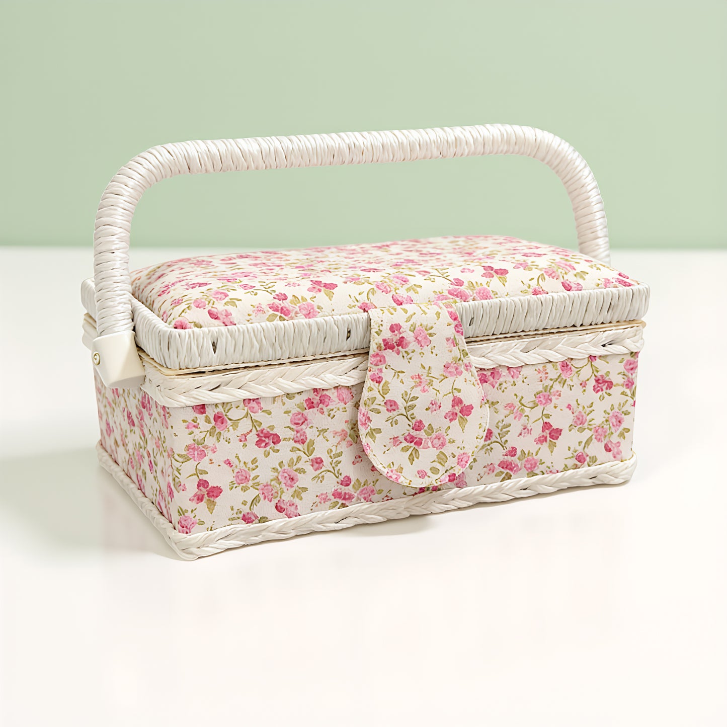 Wooden Sewing Kit Storage Box with Handle Sewing Kit Carrying Organizer with Removable Tray Large Capacity for Sew Mending Beginner Professional Gift (Pink flower)