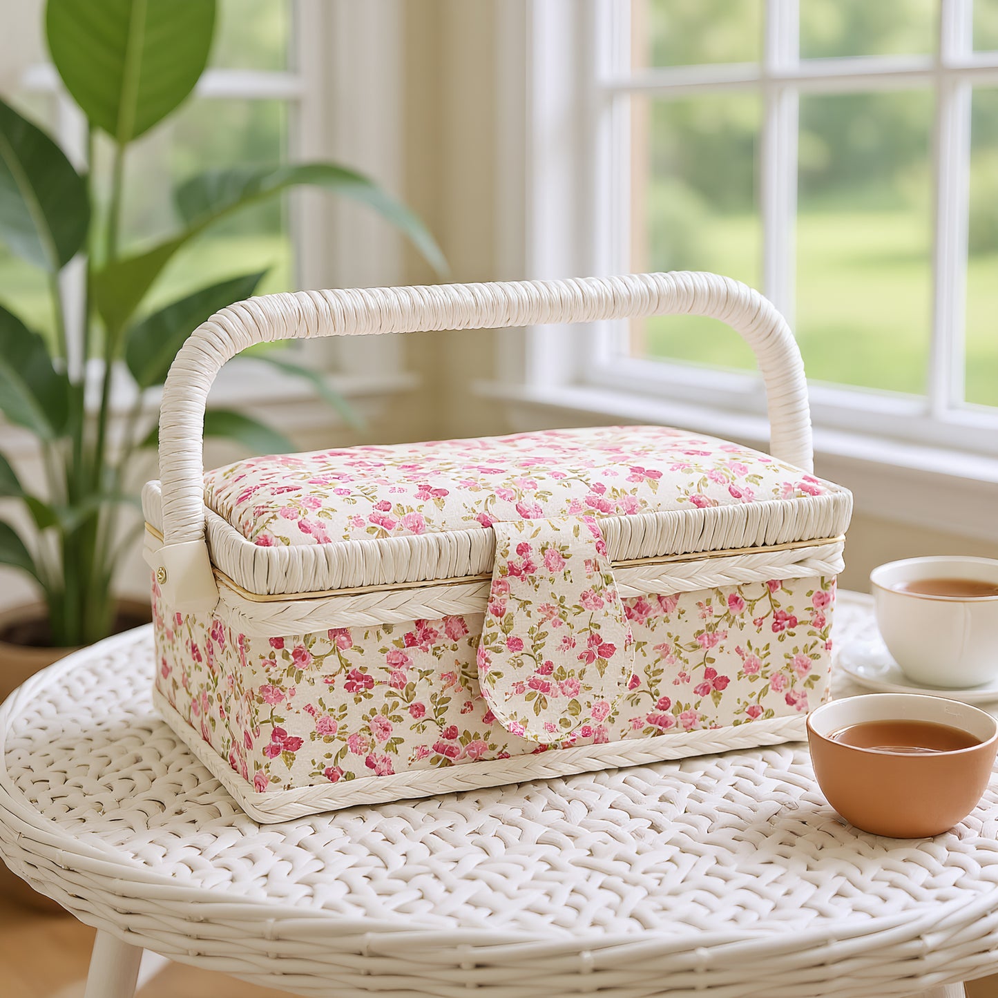 Wooden Sewing Kit Storage Box with Handle Sewing Kit Carrying Organizer with Removable Tray Large Capacity for Sew Mending Beginner Professional Gift (Pink flower)
