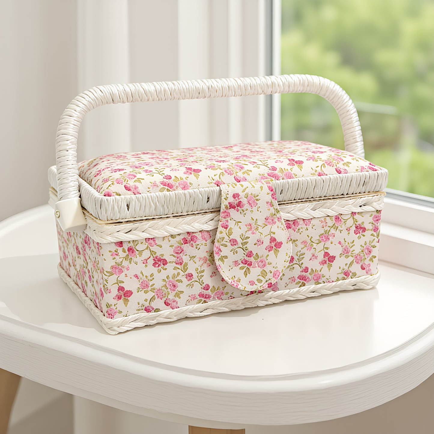 Wooden Sewing Kit Storage Box with Handle Sewing Kit Carrying Organizer with Removable Tray Large Capacity for Sew Mending Beginner Professional Gift (Pink flower)