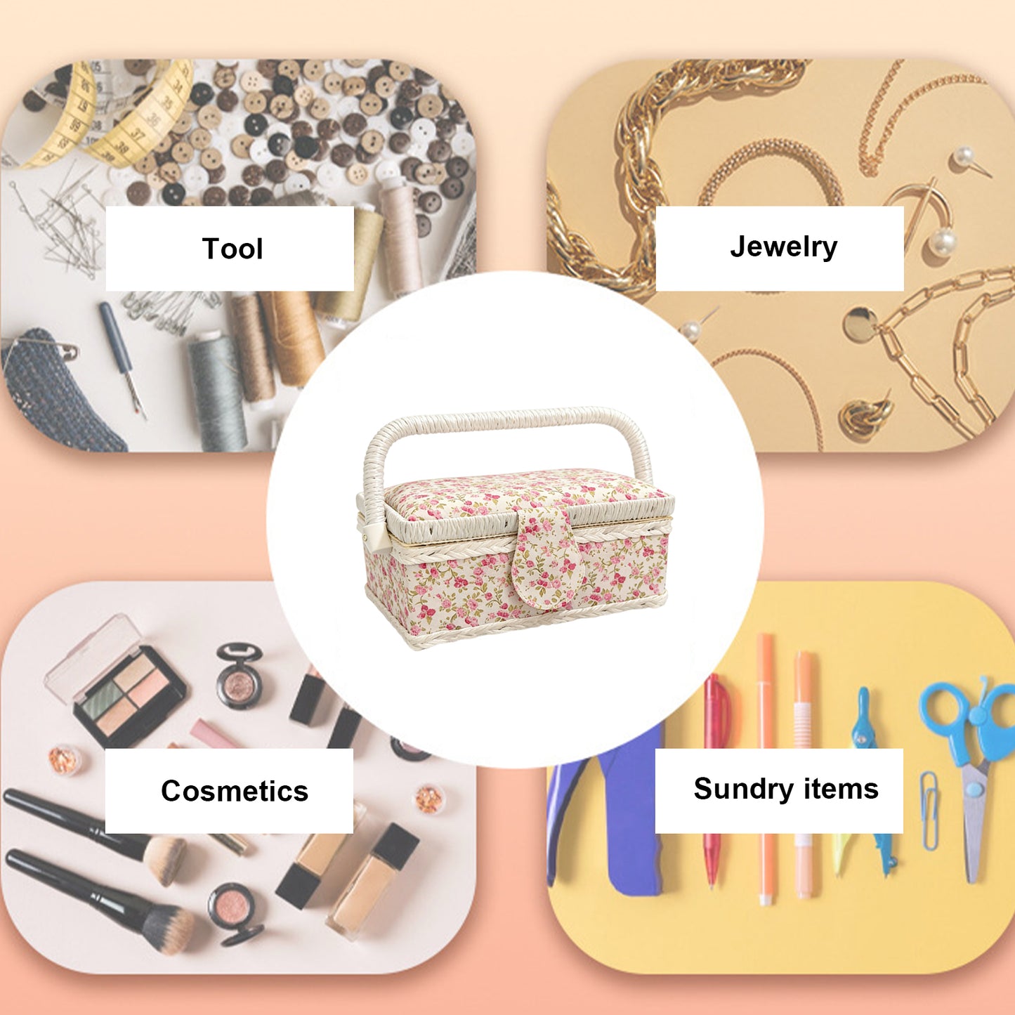 Wooden Sewing Kit Storage Box with Handle Sewing Kit Carrying Organizer with Removable Tray Large Capacity for Sew Mending Beginner Professional Gift (Pink flower)