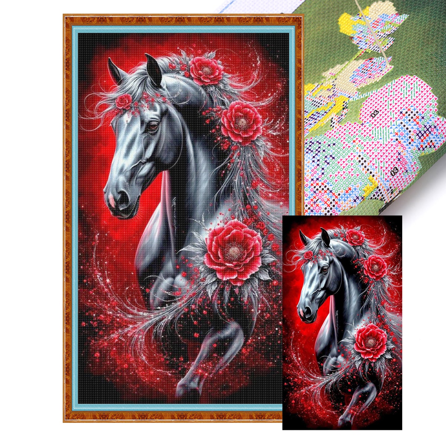 Red Peony & Black Horse - Full 11CT Stamped Cross Stitch 40x70CM - Yishu