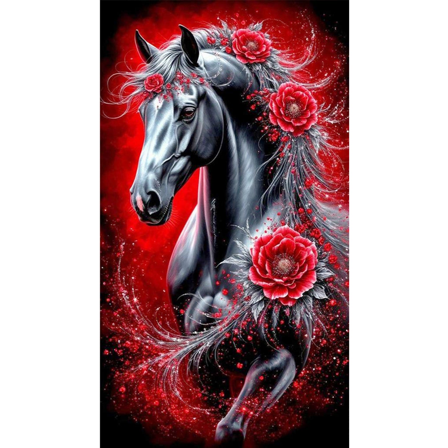 Red Peony & Black Horse - Full 11CT Stamped Cross Stitch 40x70CM - Yishu