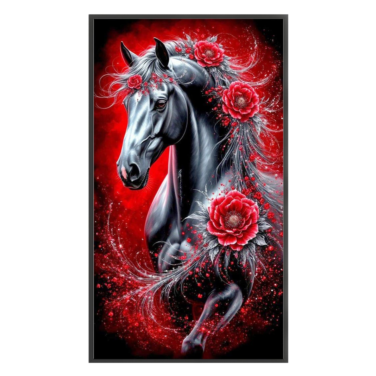 Red Peony & Black Horse - Full 11CT Stamped Cross Stitch 40x70CM - Yishu