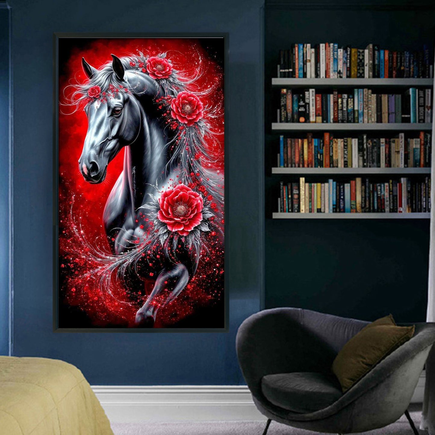 Red Peony & Black Horse - Full 11CT Stamped Cross Stitch 40x70CM - Yishu