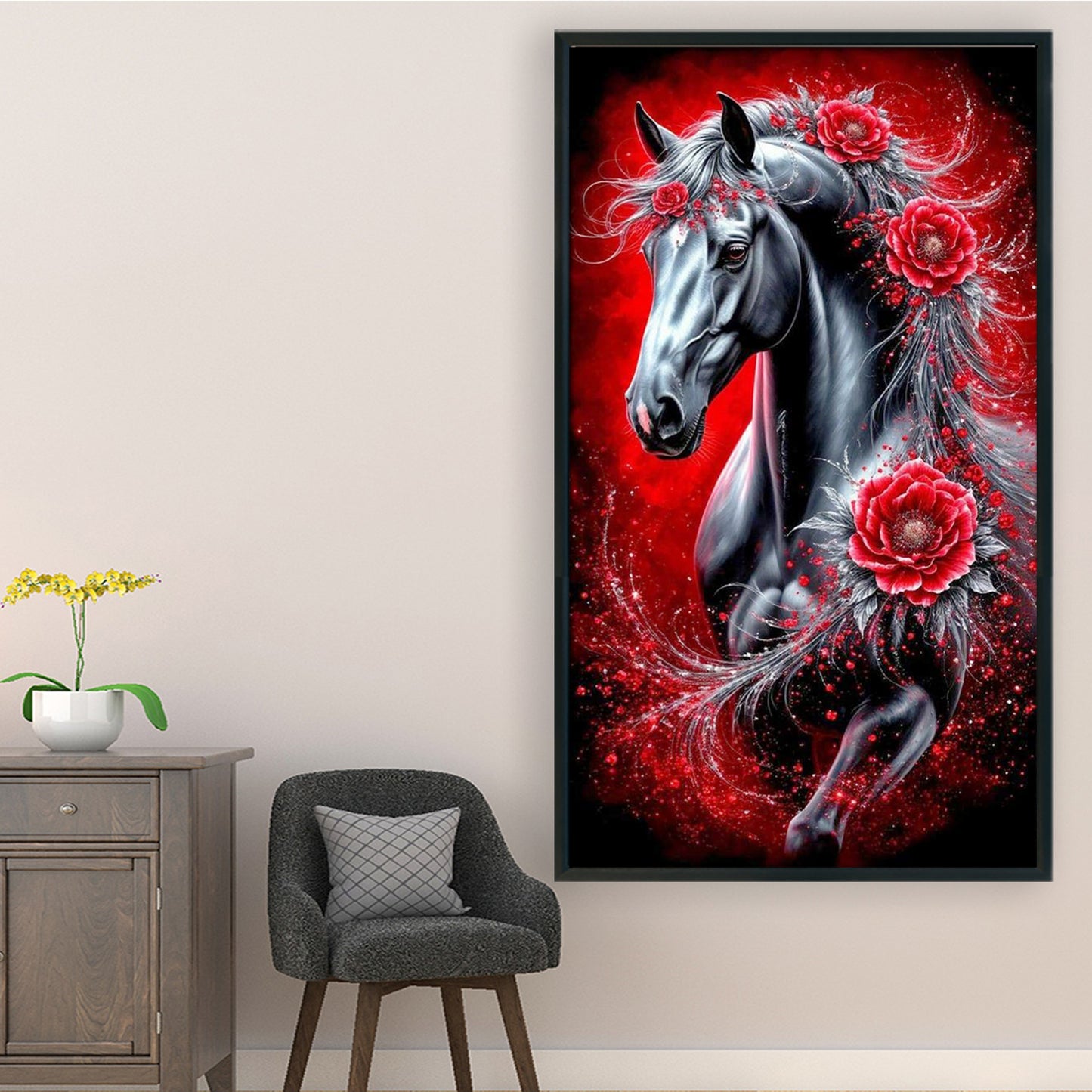 Red Peony & Black Horse - Full 11CT Stamped Cross Stitch 40x70CM - Yishu