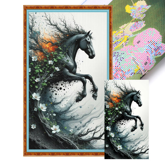 Tree & Black Horse - Full 11CT Stamped Cross Stitch 40x70CM - Yishu