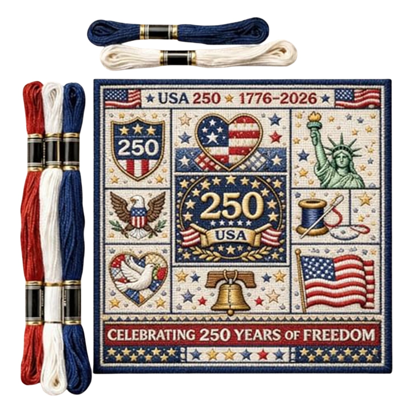 Independence Day - DIY Embroidery Cross Stitch Kit with Pattern Cotton Threads Needles Hoop 24x24CM/9.45x9.45in