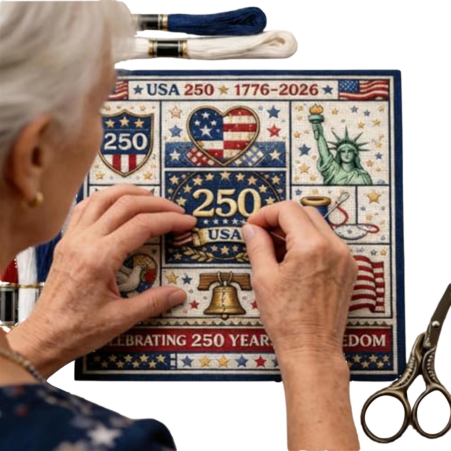 Independence Day - DIY Embroidery Cross Stitch Kit with Pattern Cotton Threads Needles Hoop 24x24CM/9.45x9.45in