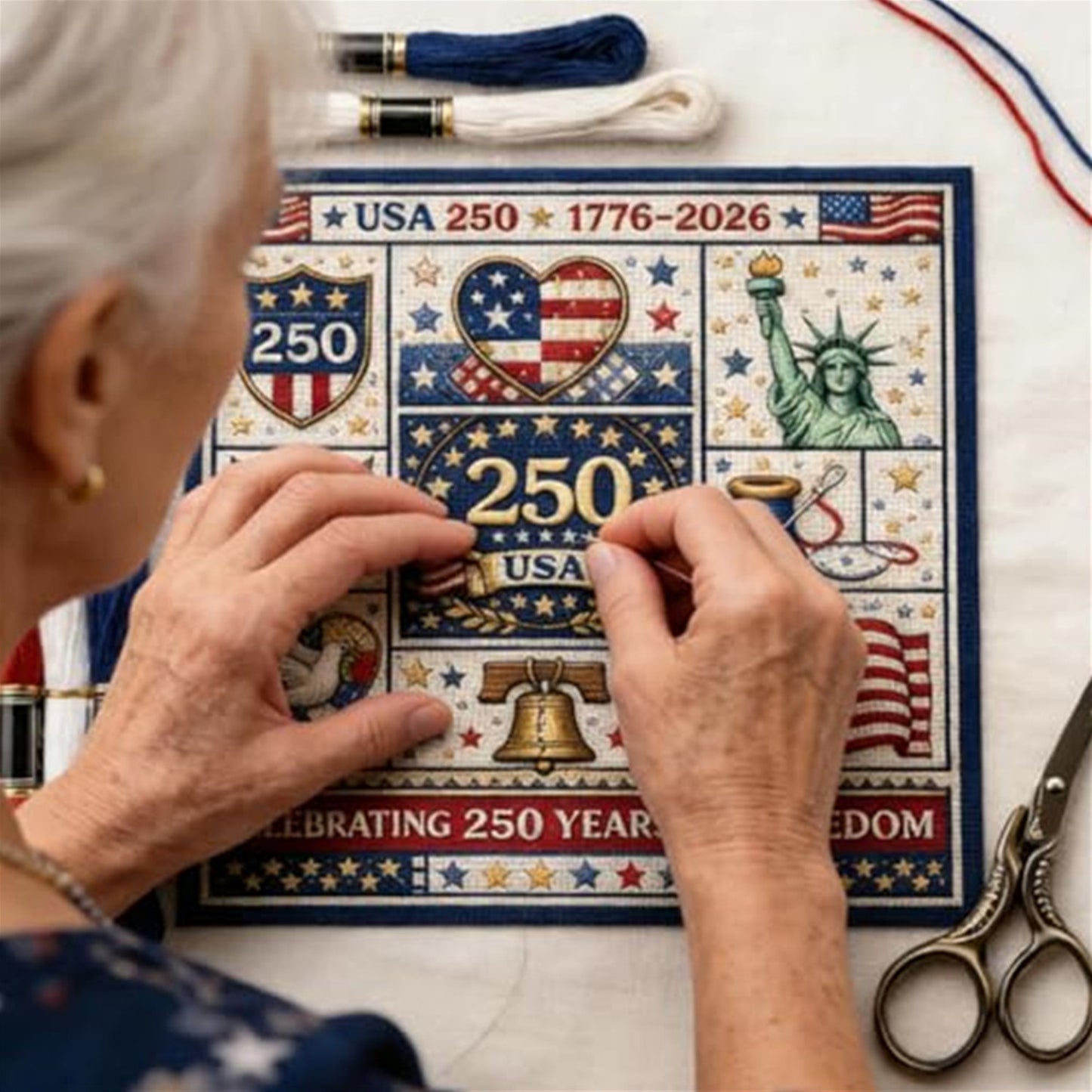 Independence Day - DIY Embroidery Cross Stitch Kit with Pattern Cotton Threads Needles Hoop 24x24CM/9.45x9.45in