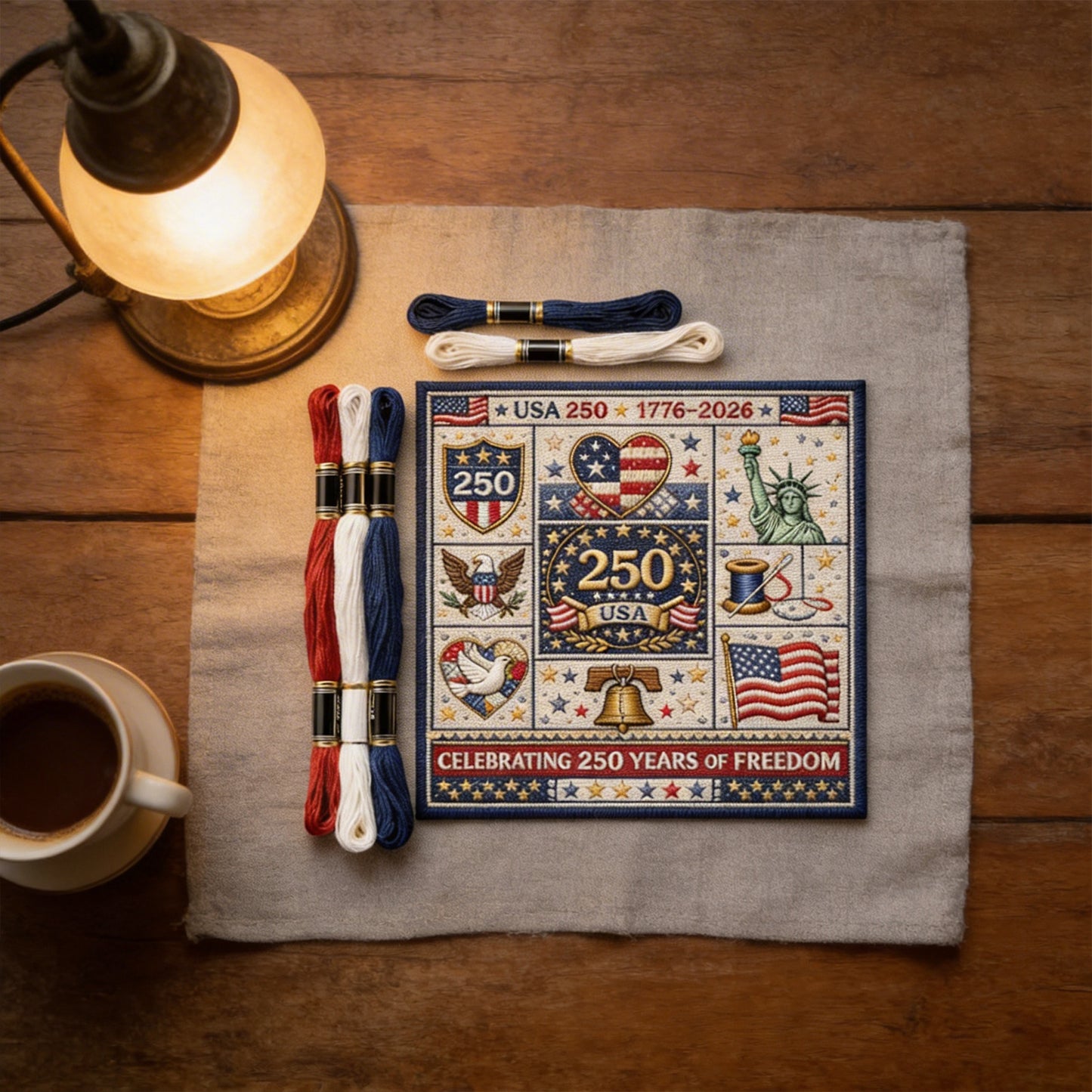 Independence Day - DIY Embroidery Cross Stitch Kit with Pattern Cotton Threads Needles Hoop 24x24CM/9.45x9.45in
