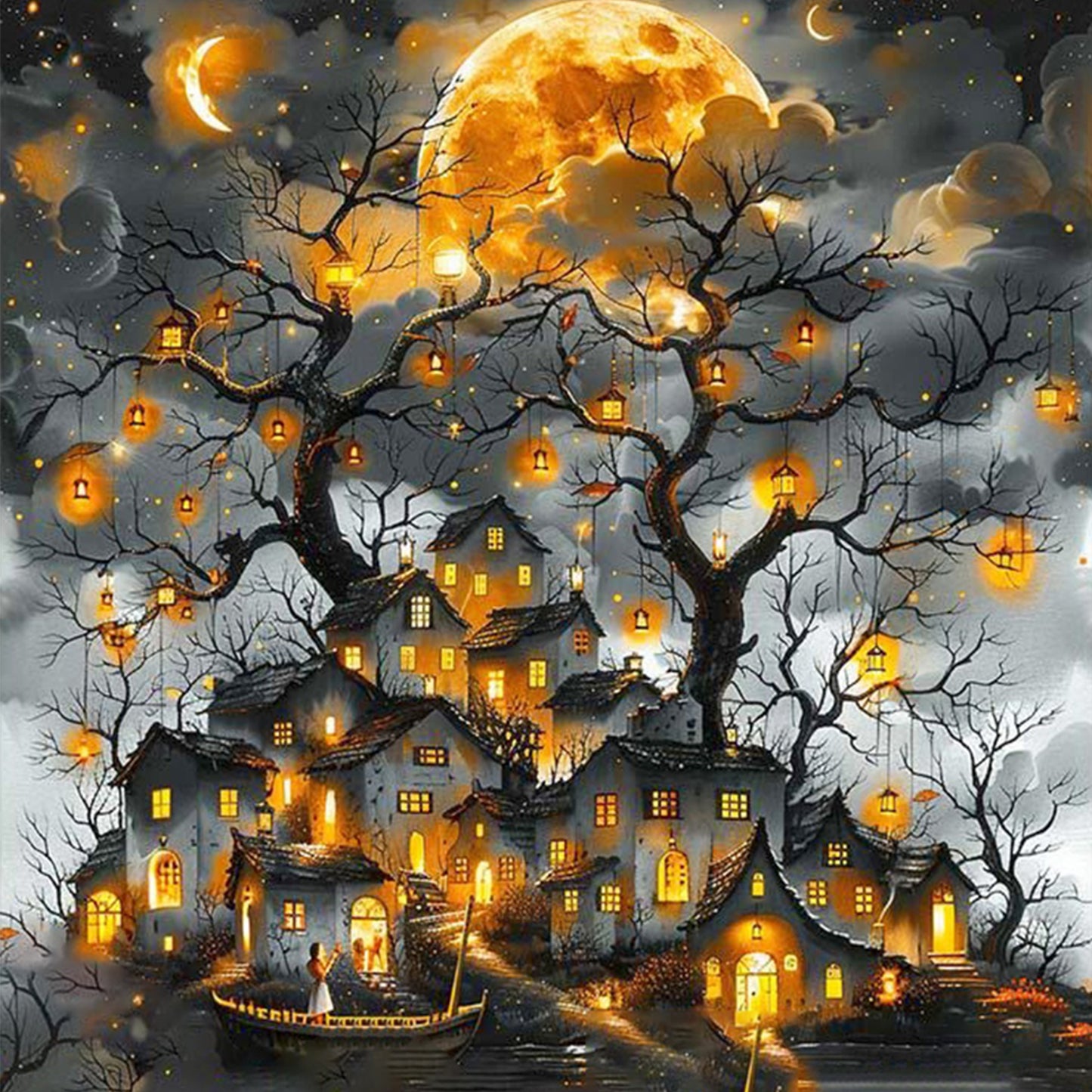 Town At Night - Full 18CT Stamped Cross Stitch 40x40CM - Huacan