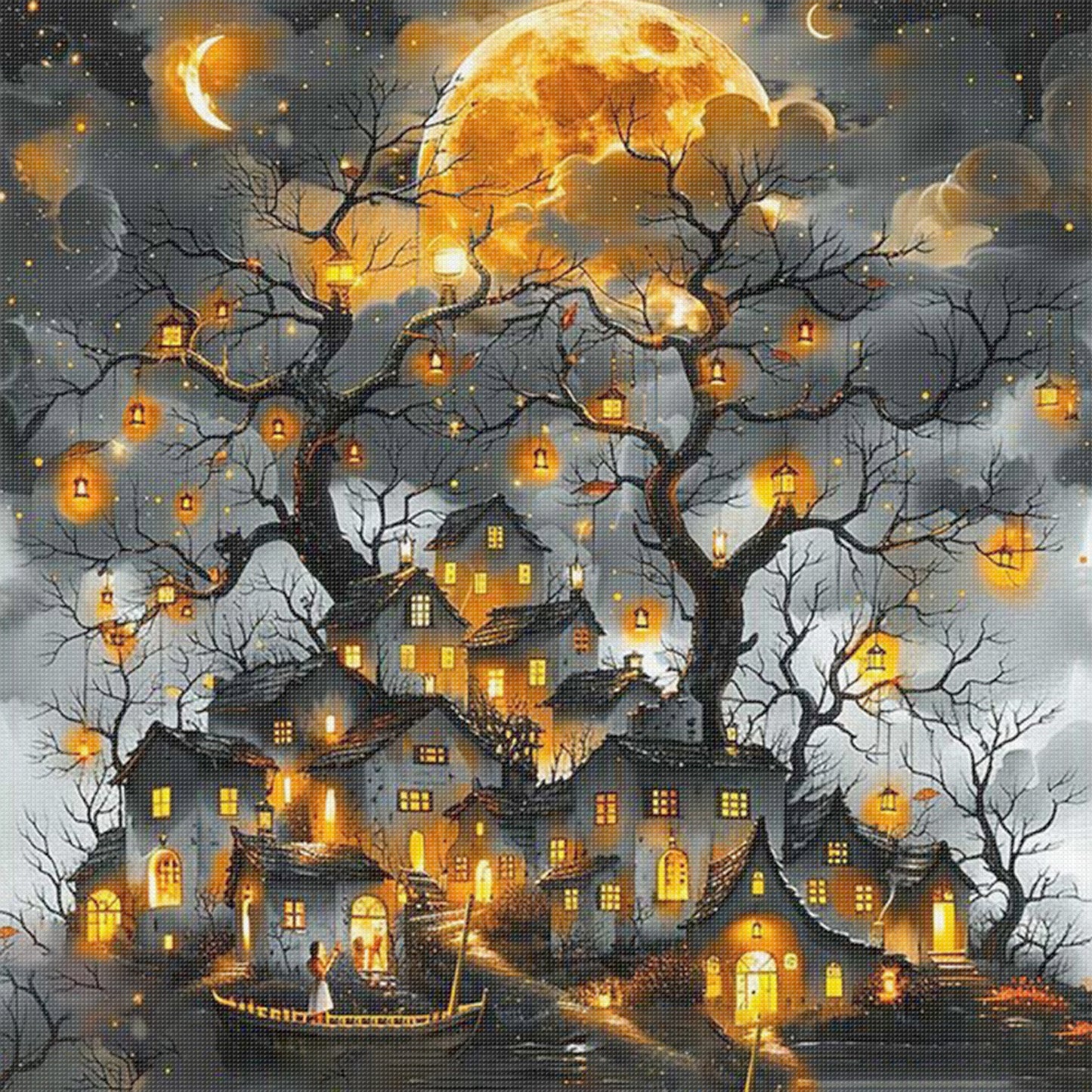 Town At Night - Full 18CT Stamped Cross Stitch 40x40CM - Huacan