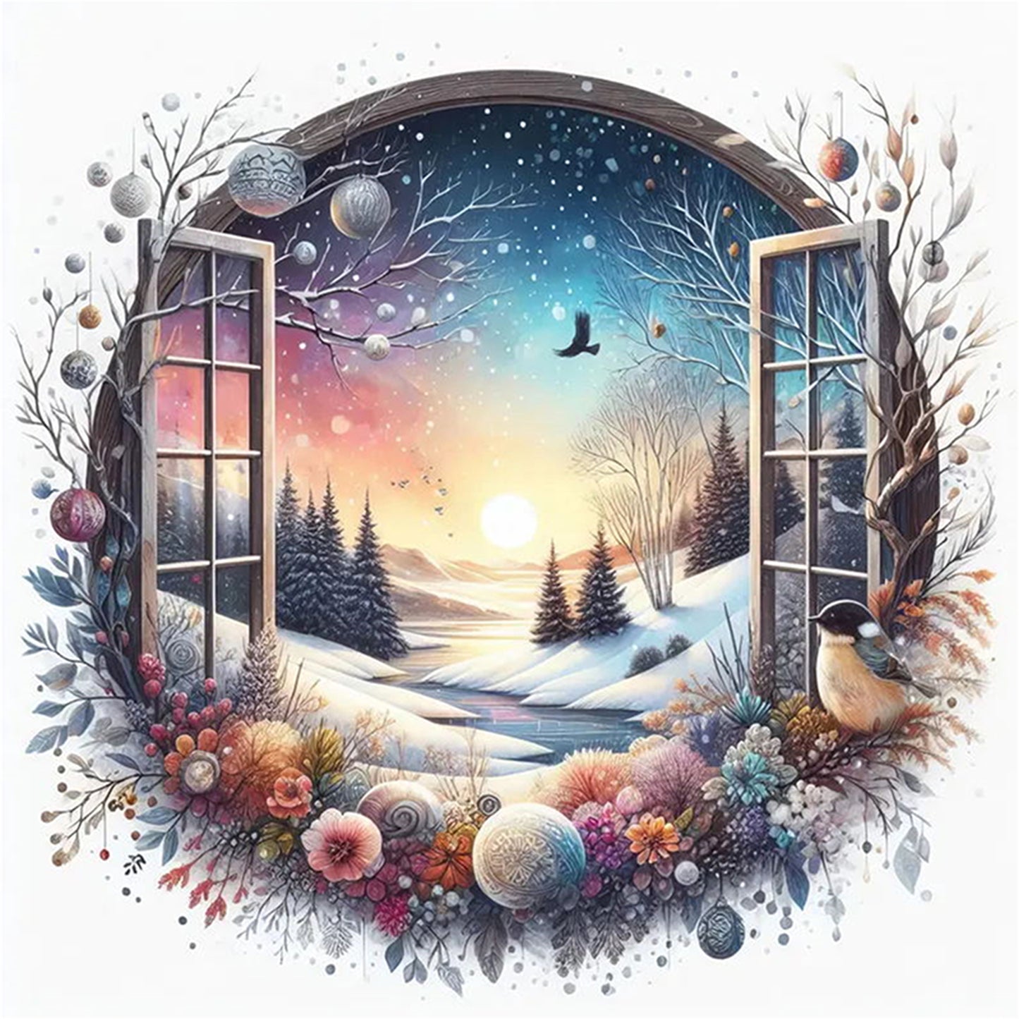 Winter Window - Full 11CT Stamped Cross Stitch 40x40CM - Huacan