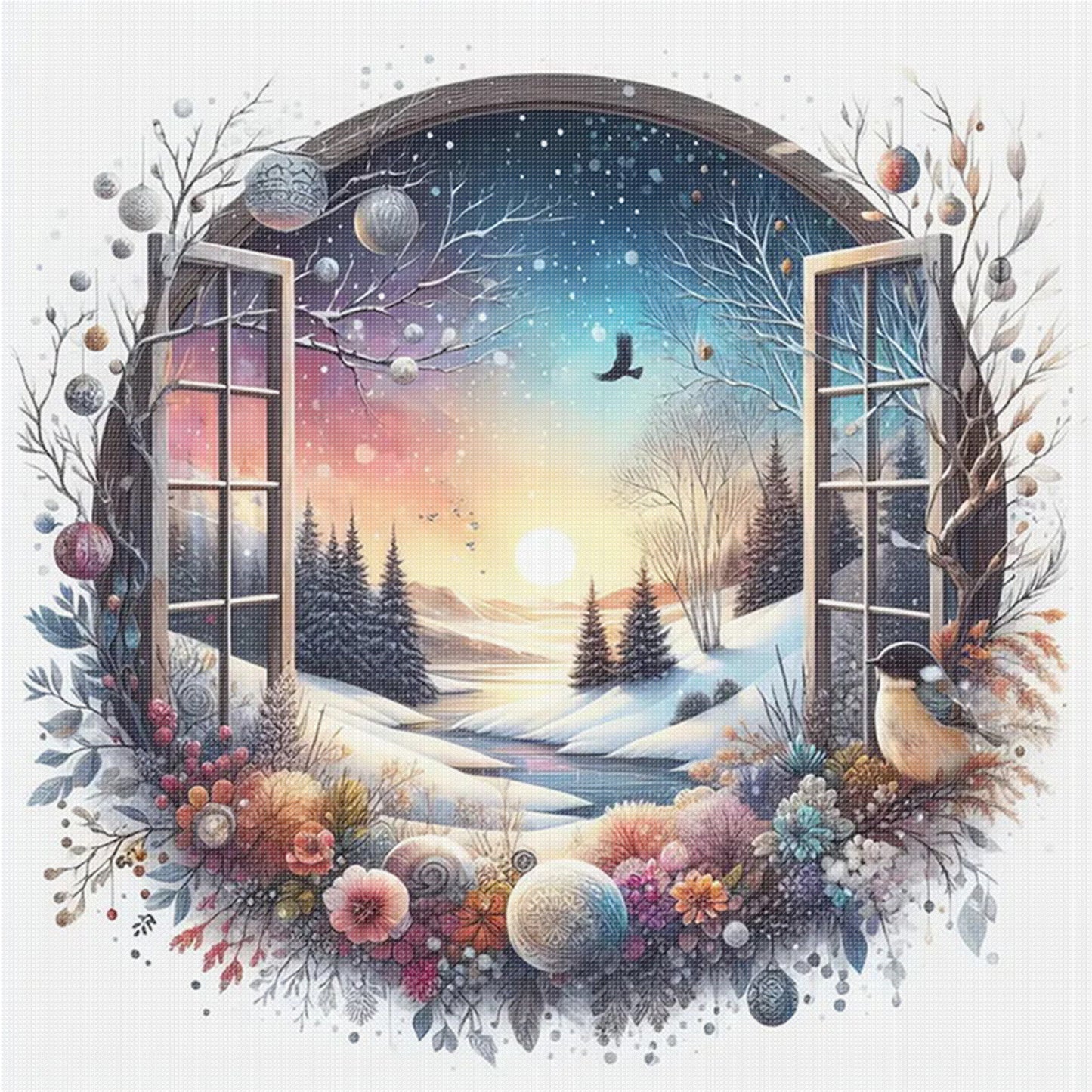 Winter Window - Full 11CT Stamped Cross Stitch 40x40CM - Huacan