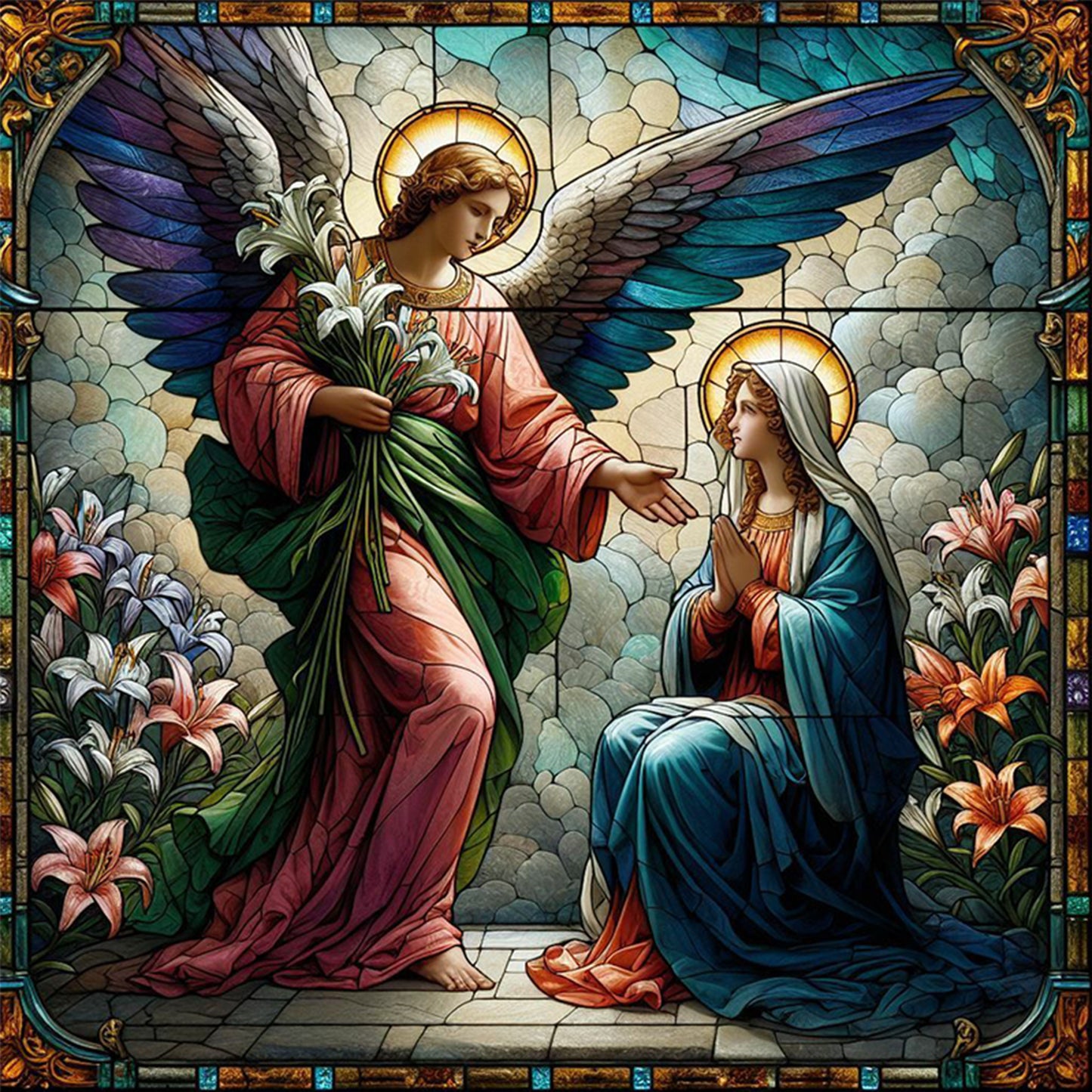 Glass Painting - Virgin Mary And Angels - Full 11CT Stamped Cross Stitch 45x45CM - Yishu