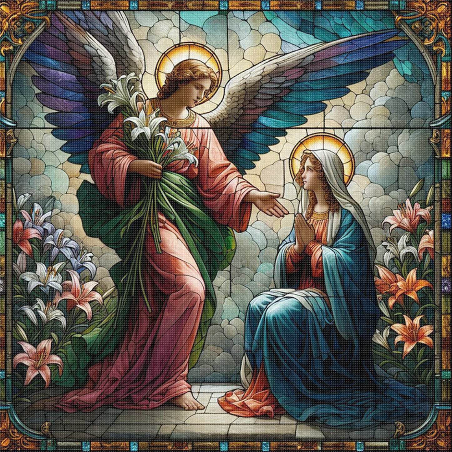 Glass Painting - Virgin Mary And Angels - Full 11CT Stamped Cross Stitch 45x45CM - Yishu