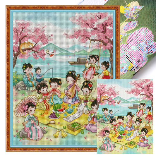 Cartoon Ancient Maiden Spring Outing - Full 11CT Stamped Cross Stitch 60x75CM - Mona Lisa