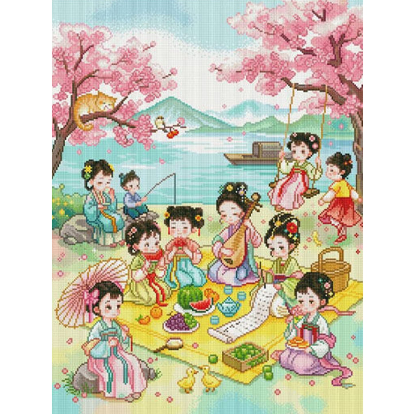 Cartoon Ancient Maiden Spring Outing - Full 11CT Stamped Cross Stitch 60x75CM - Mona Lisa