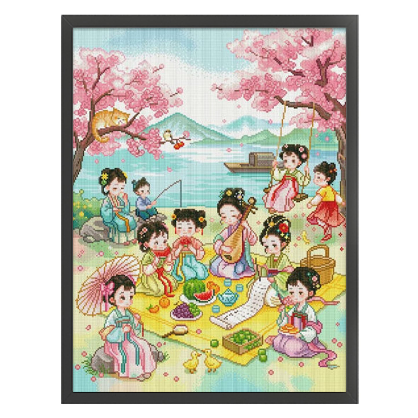 Cartoon Ancient Maiden Spring Outing - Full 11CT Stamped Cross Stitch 60x75CM - Mona Lisa