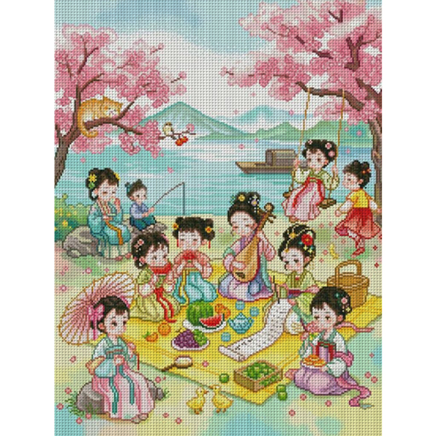 Cartoon Ancient Maiden Spring Outing - Full 11CT Stamped Cross Stitch 60x75CM - Mona Lisa