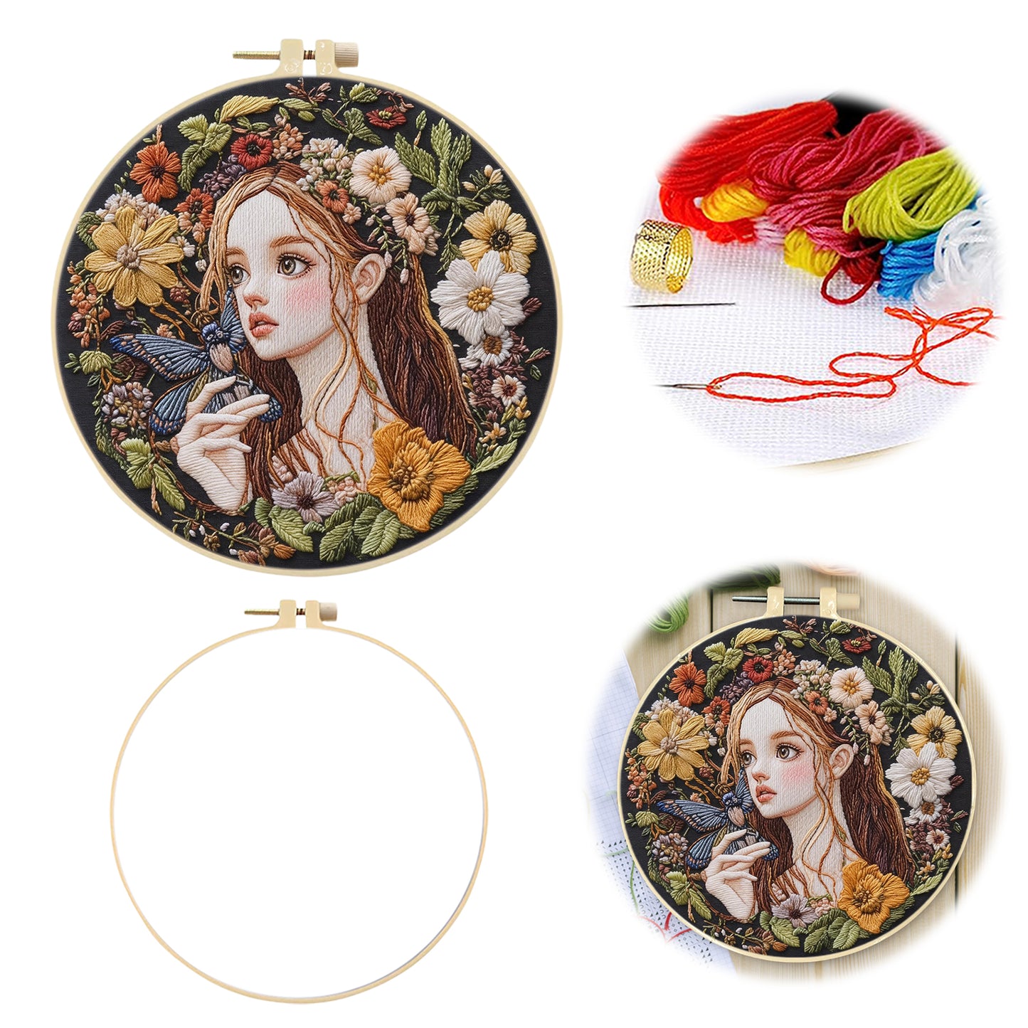 Butterfly Girl - DIY Embroidery Cross Stitch Kit with Pattern Cotton Threads Needles Hoop 30x30CM/11.81x11.81in