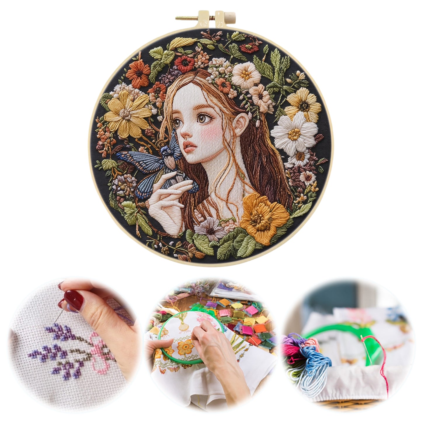Butterfly Girl - DIY Embroidery Cross Stitch Kit with Pattern Cotton Threads Needles Hoop 30x30CM/11.81x11.81in