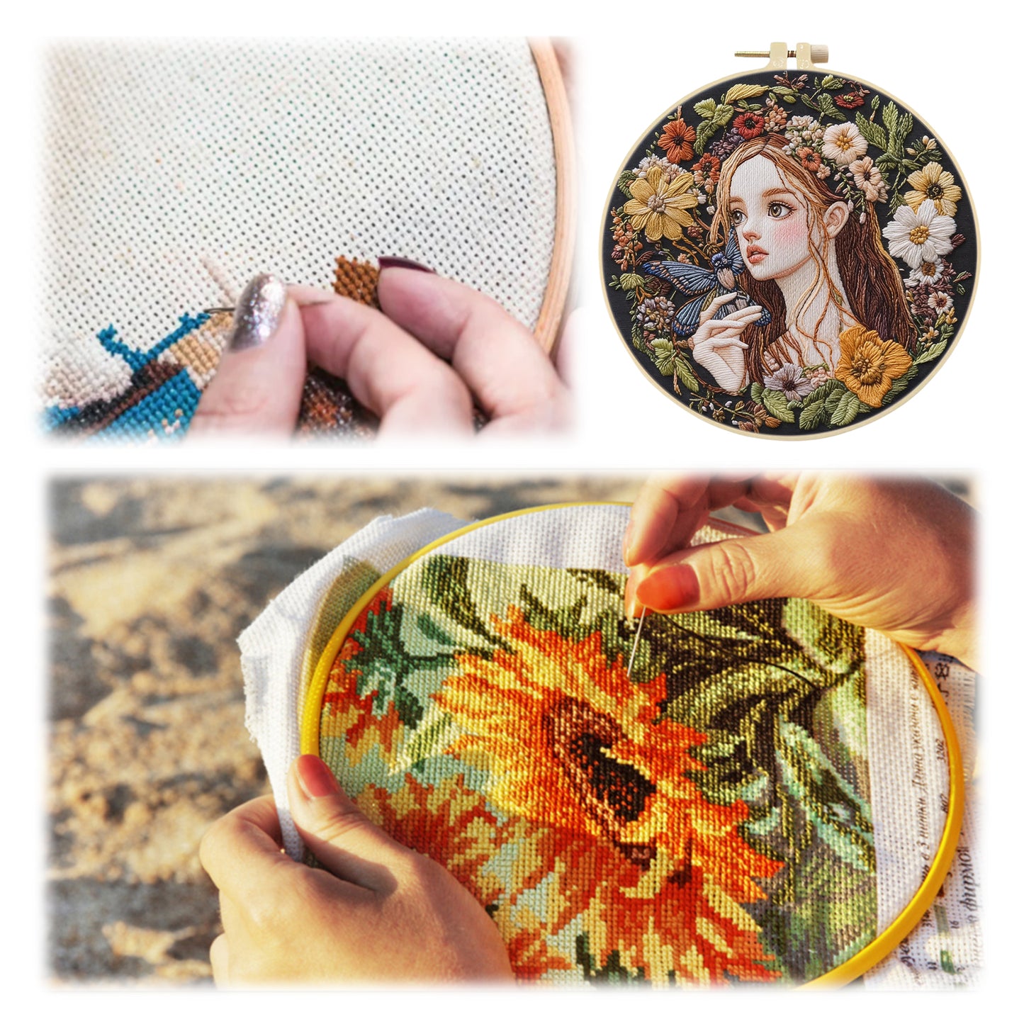 Butterfly Girl - DIY Embroidery Cross Stitch Kit with Pattern Cotton Threads Needles Hoop 30x30CM/11.81x11.81in