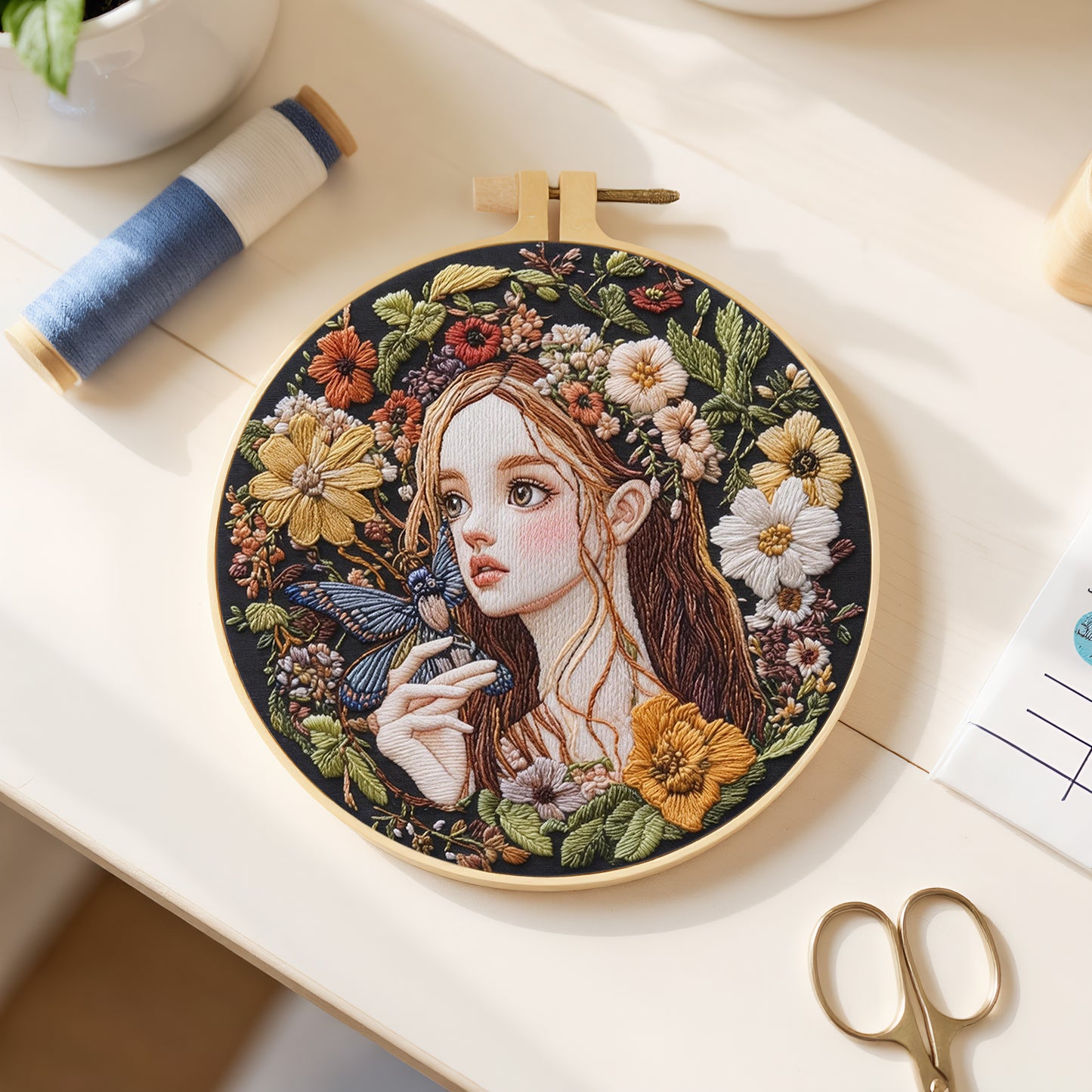 Butterfly Girl - DIY Embroidery Cross Stitch Kit with Pattern Cotton Threads Needles Hoop 30x30CM/11.81x11.81in