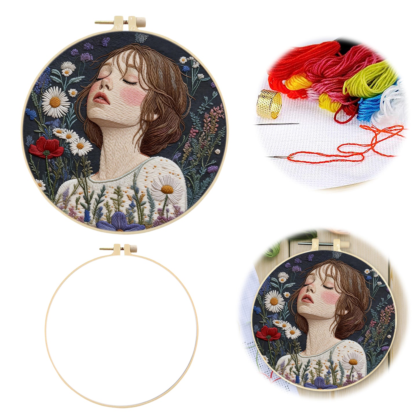 Meadow Girl - DIY Embroidery Cross Stitch Kit with Pattern Cotton Threads Needles Hoop 30x30CM/11.81x11.81in
