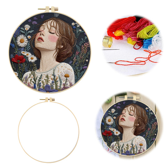 Meadow Girl - DIY Embroidery Cross Stitch Kit with Pattern Cotton Threads Needles Hoop 30x30CM/11.81x11.81in