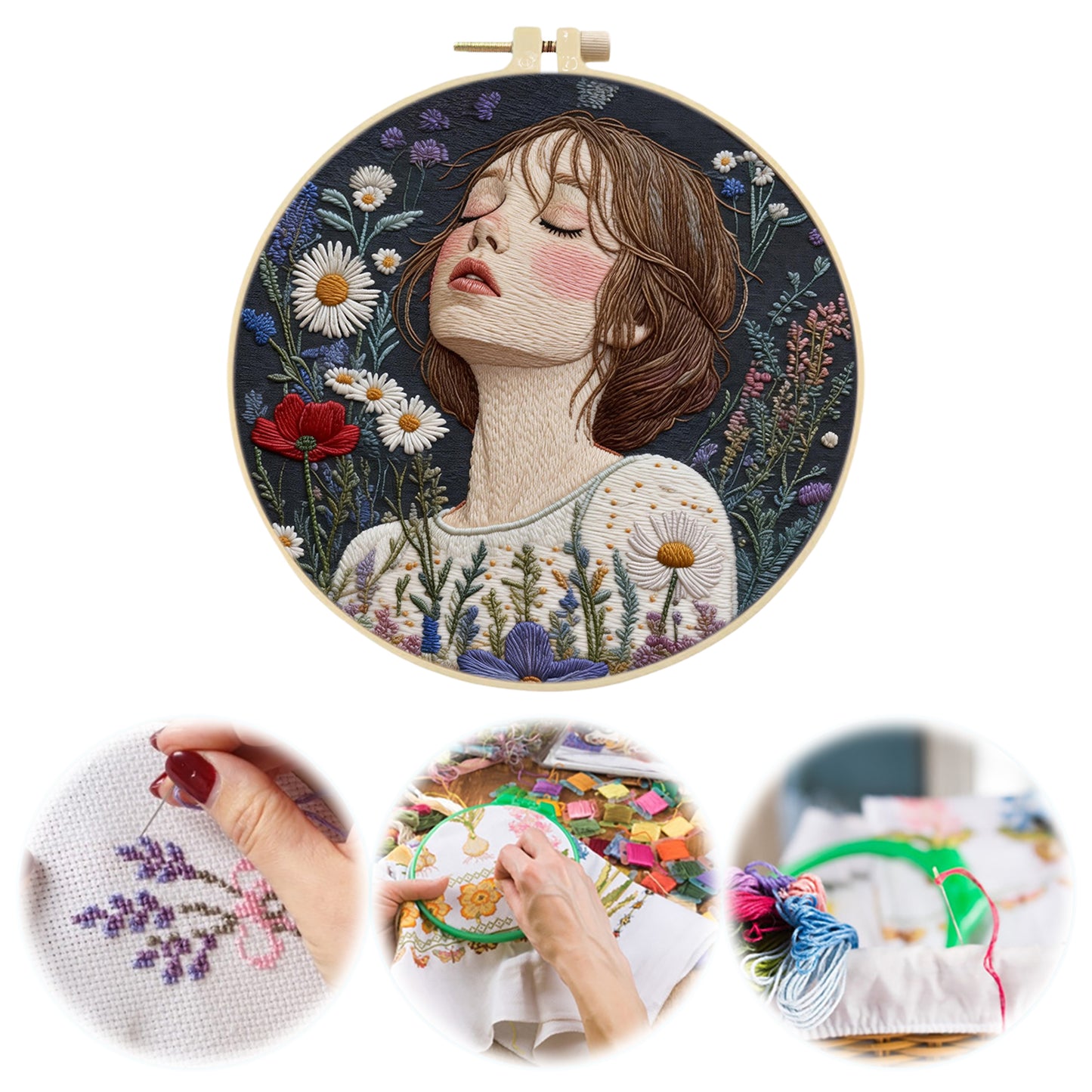 Meadow Girl - DIY Embroidery Cross Stitch Kit with Pattern Cotton Threads Needles Hoop 30x30CM/11.81x11.81in