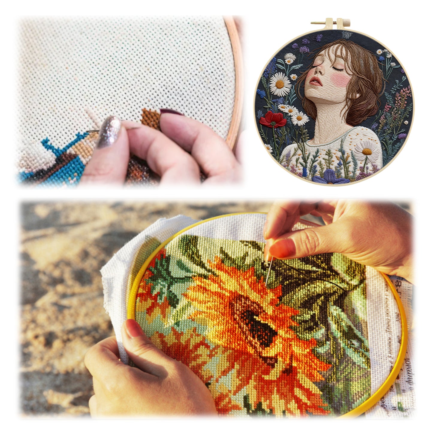 Meadow Girl - DIY Embroidery Cross Stitch Kit with Pattern Cotton Threads Needles Hoop 30x30CM/11.81x11.81in