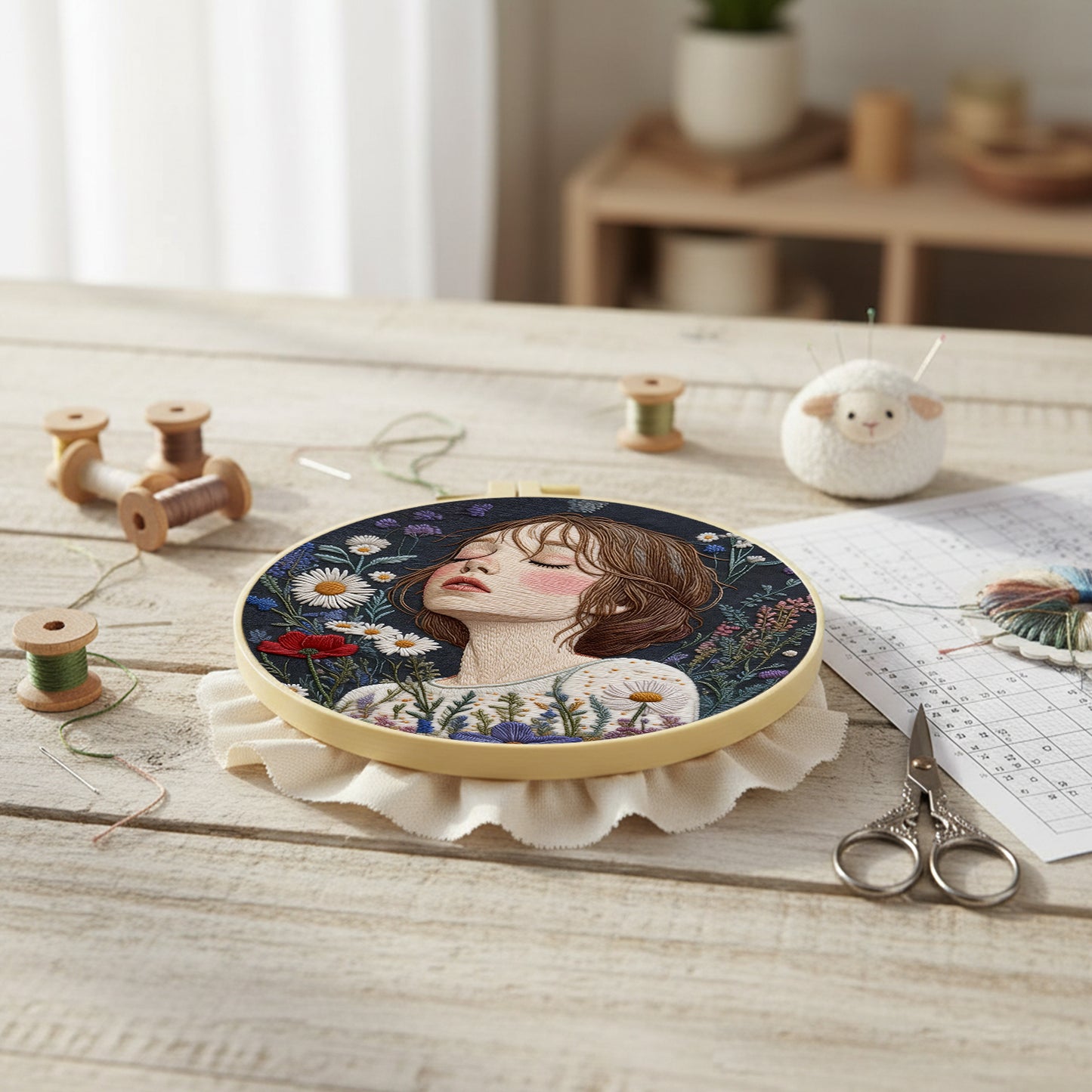 Meadow Girl - DIY Embroidery Cross Stitch Kit with Pattern Cotton Threads Needles Hoop 30x30CM/11.81x11.81in