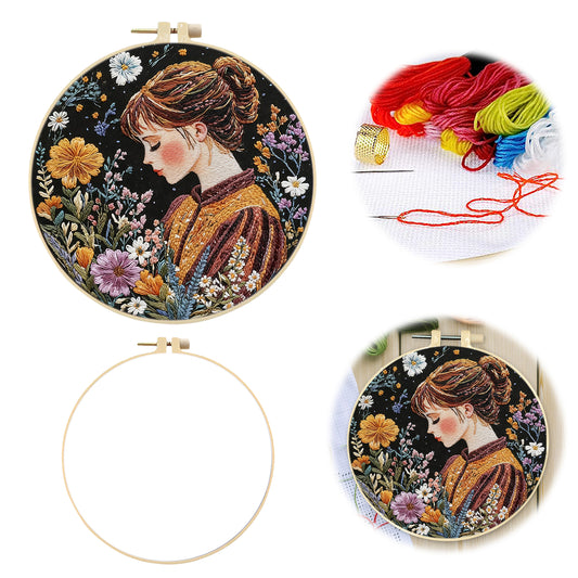 Autumn Girl - DIY Embroidery Cross Stitch Kit with Pattern Cotton Threads Needles Hoop 30x30CM/11.81x11.81in