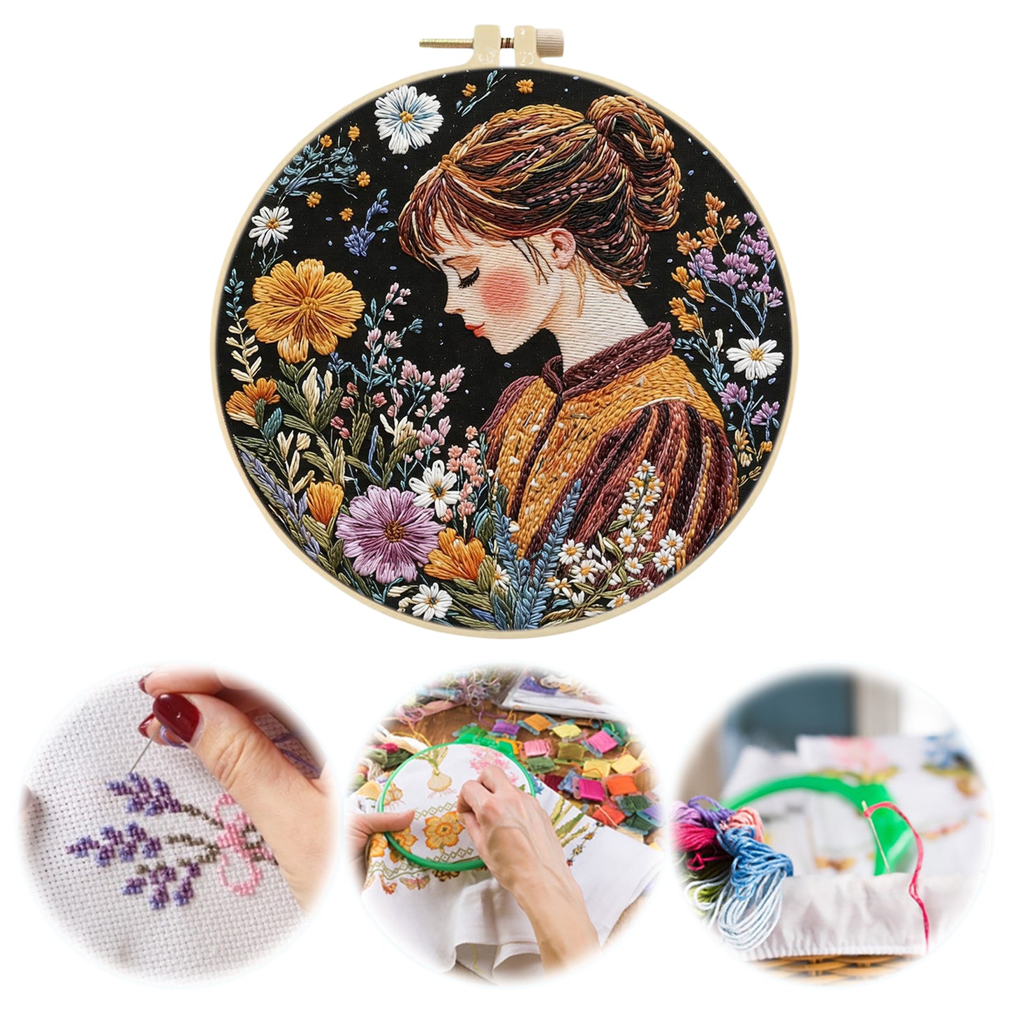 Autumn Girl - DIY Embroidery Cross Stitch Kit with Pattern Cotton Threads Needles Hoop 30x30CM/11.81x11.81in