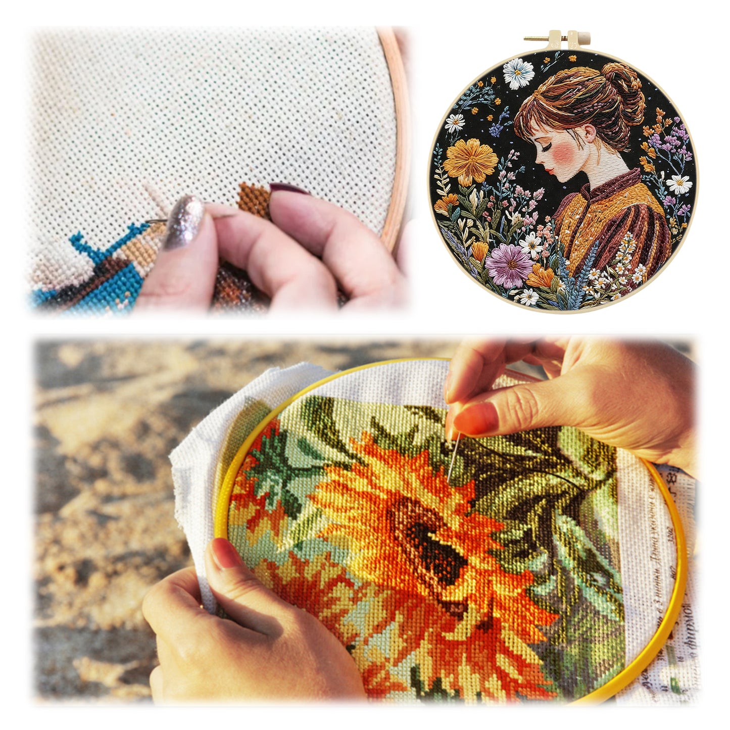 Autumn Girl - DIY Embroidery Cross Stitch Kit with Pattern Cotton Threads Needles Hoop 30x30CM/11.81x11.81in