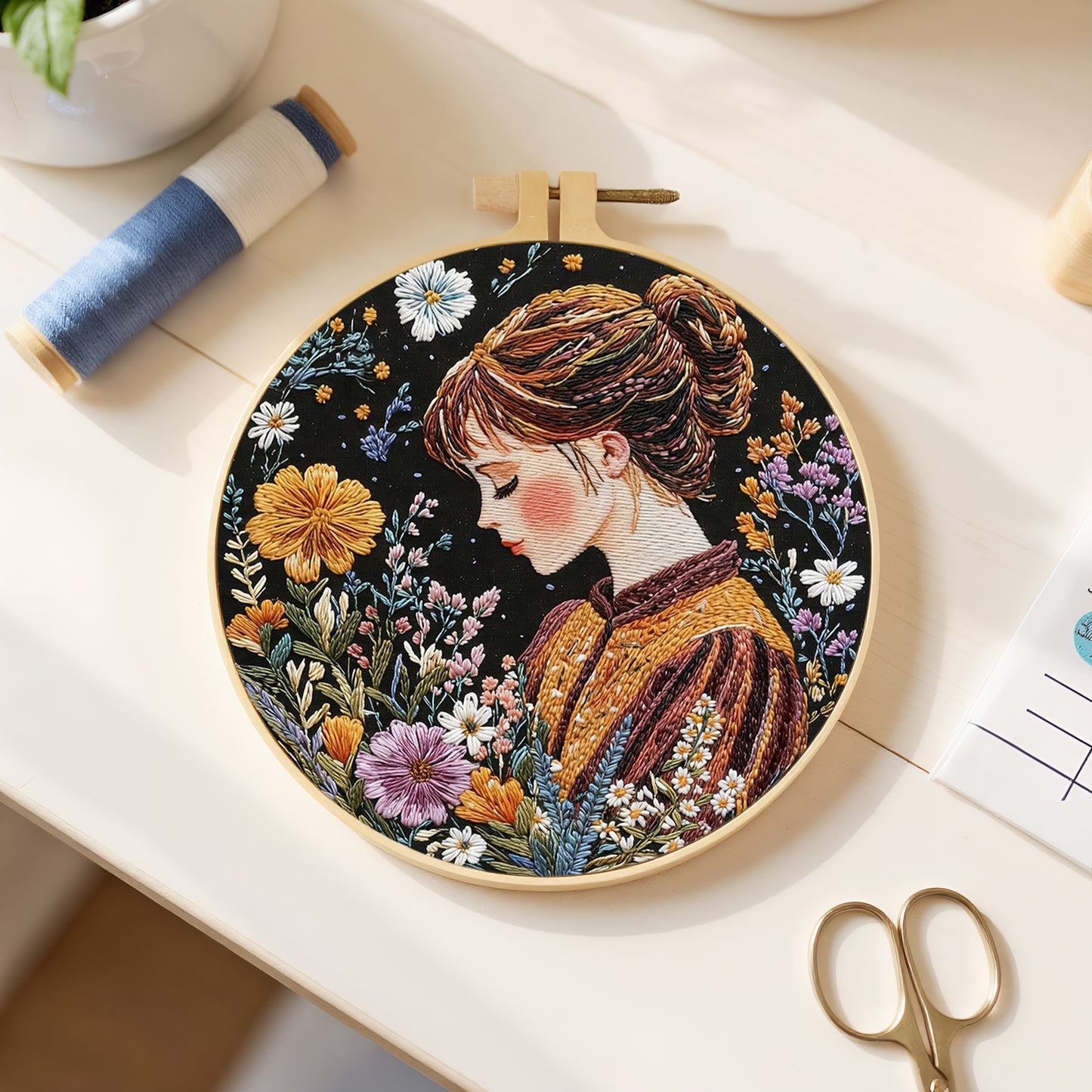 Autumn Girl - DIY Embroidery Cross Stitch Kit with Pattern Cotton Threads Needles Hoop 30x30CM/11.81x11.81in