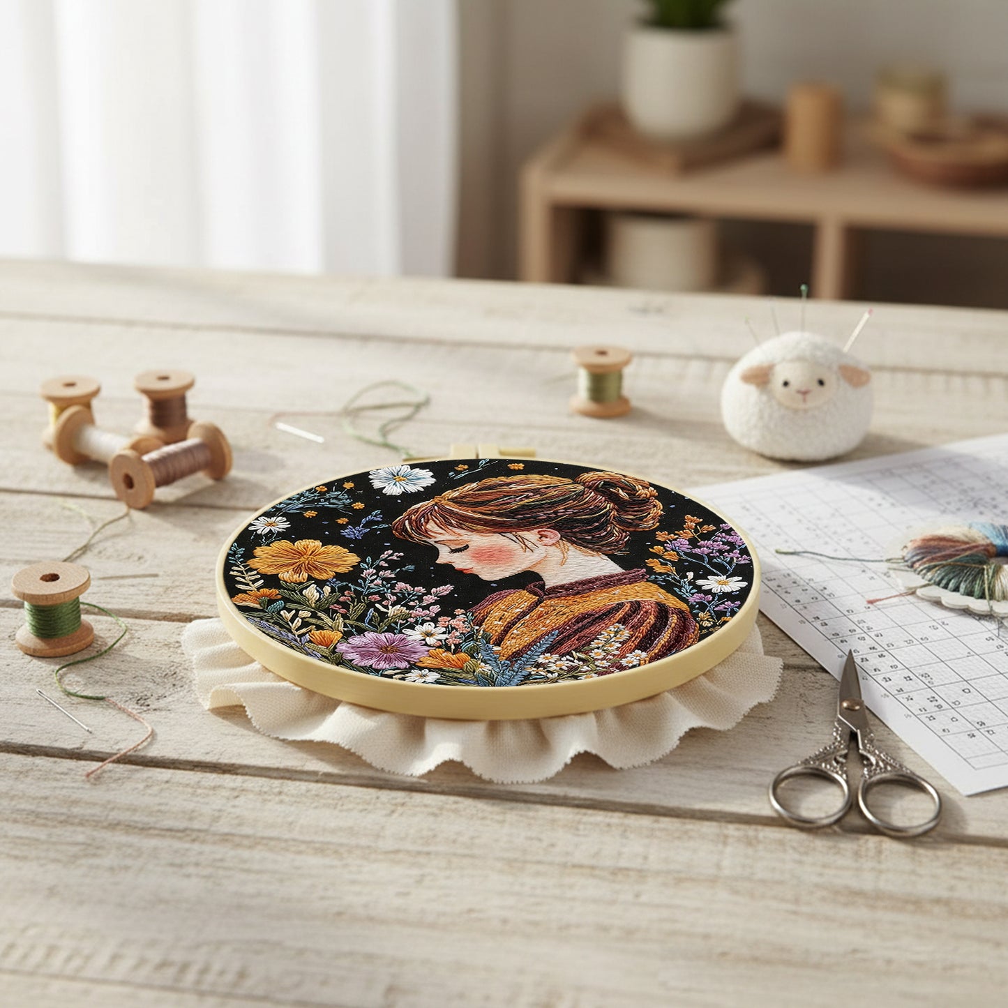 Autumn Girl - DIY Embroidery Cross Stitch Kit with Pattern Cotton Threads Needles Hoop 30x30CM/11.81x11.81in
