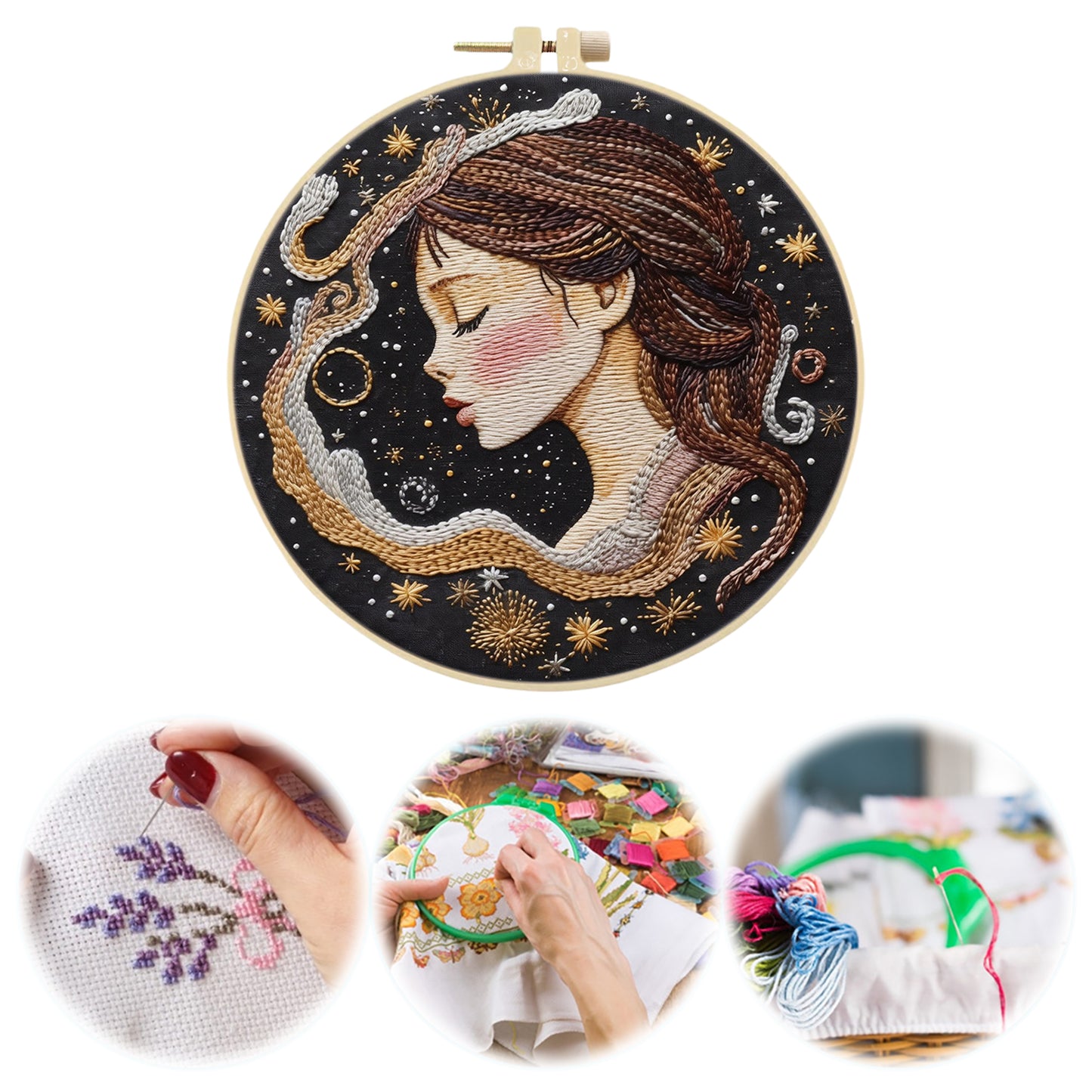 Star Girl - DIY Embroidery Cross Stitch Kit with Pattern Cotton Threads Needles Hoop 30x30CM/11.81x11.81in