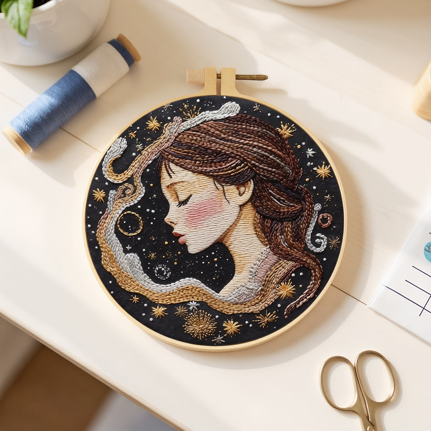 Star Girl - DIY Embroidery Cross Stitch Kit with Pattern Cotton Threads Needles Hoop 30x30CM/11.81x11.81in