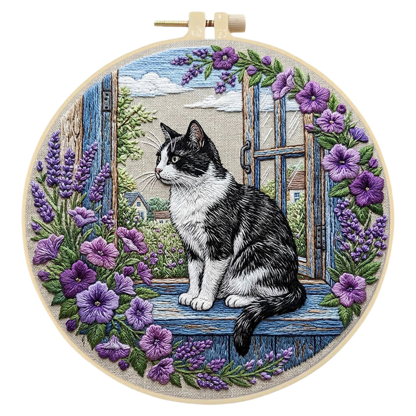 Window Cat - DIY Embroidery Cross Stitch Kit with Pattern Cotton Threads Needles Hoop 30x30CM/11.81x11.81in