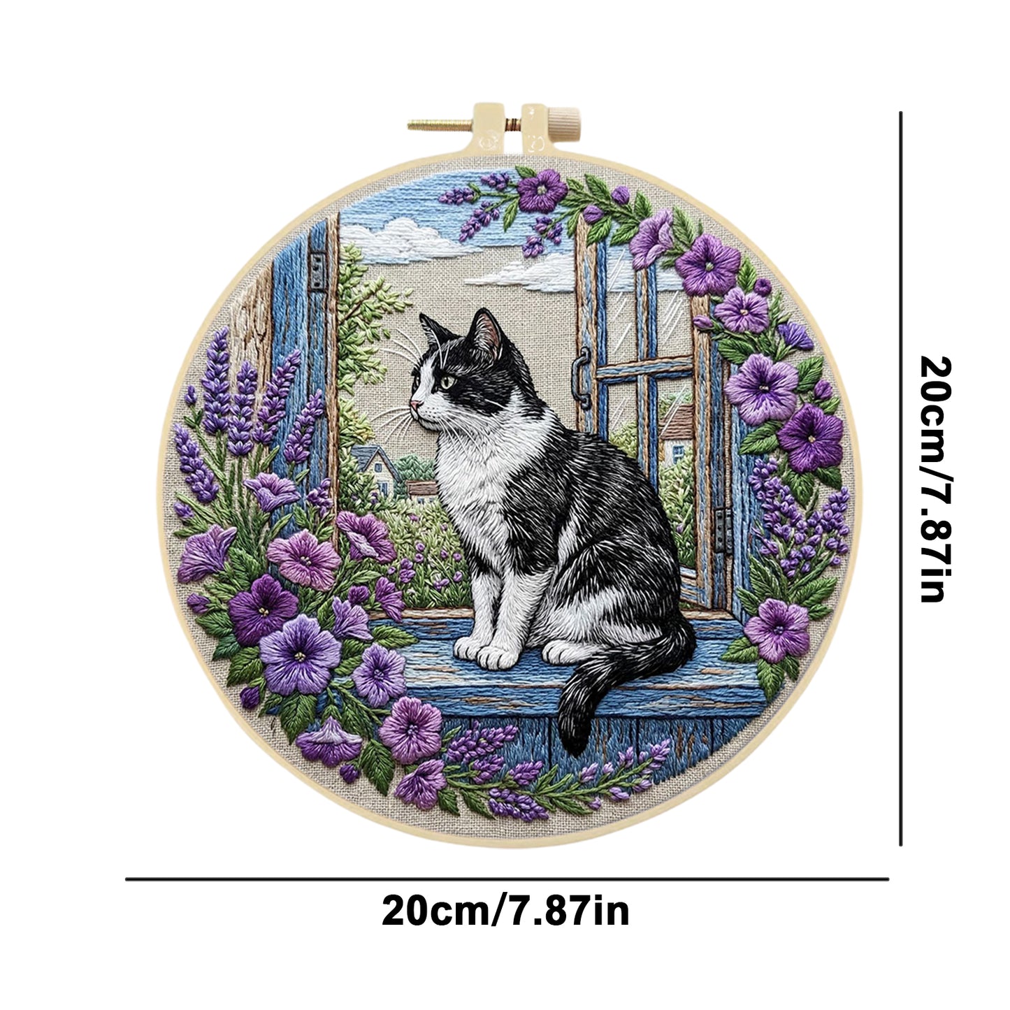 Window Cat - DIY Embroidery Cross Stitch Kit with Pattern Cotton Threads Needles Hoop 30x30CM/11.81x11.81in