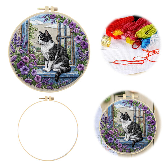Window Cat - DIY Embroidery Cross Stitch Kit with Pattern Cotton Threads Needles Hoop 30x30CM/11.81x11.81in