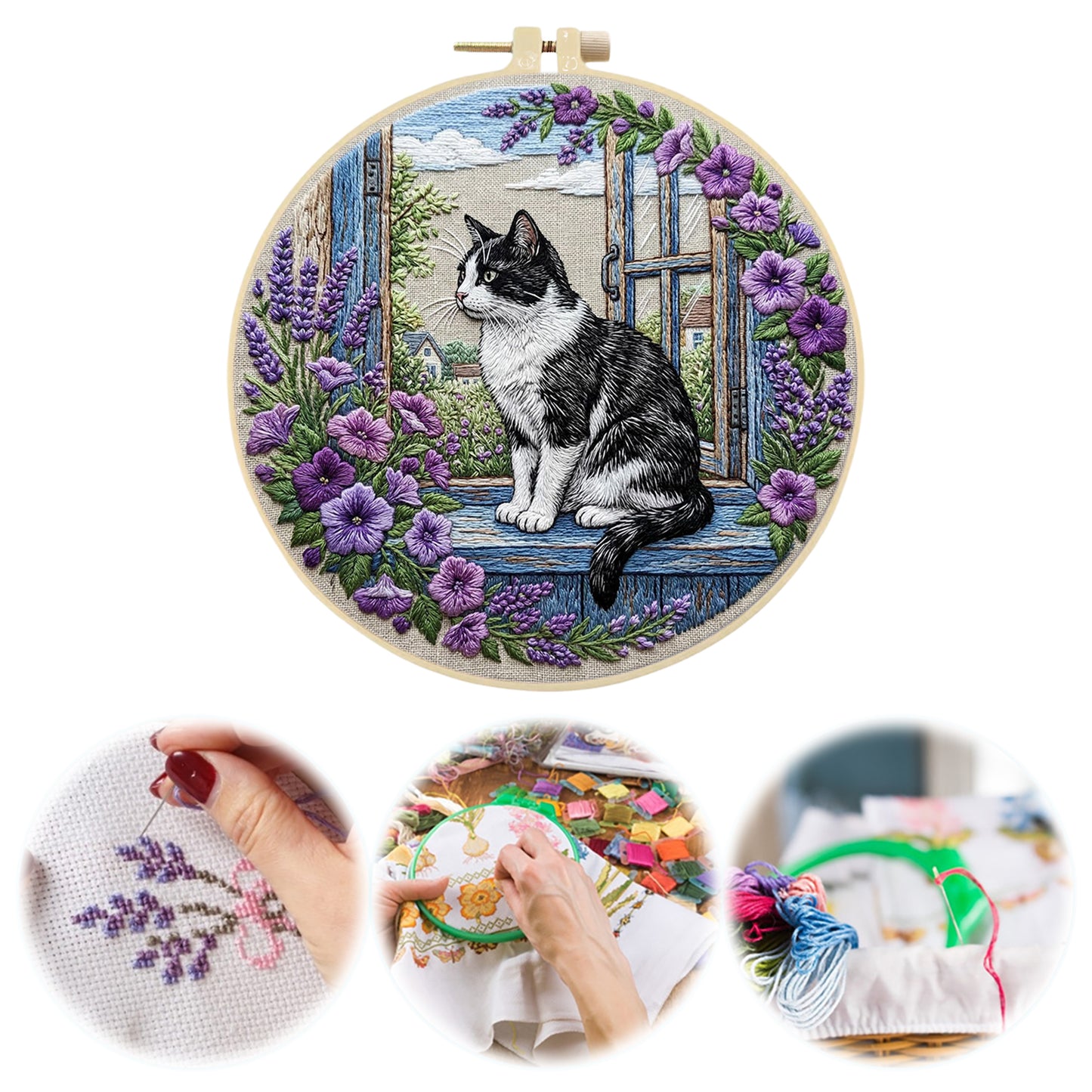 Window Cat - DIY Embroidery Cross Stitch Kit with Pattern Cotton Threads Needles Hoop 30x30CM/11.81x11.81in