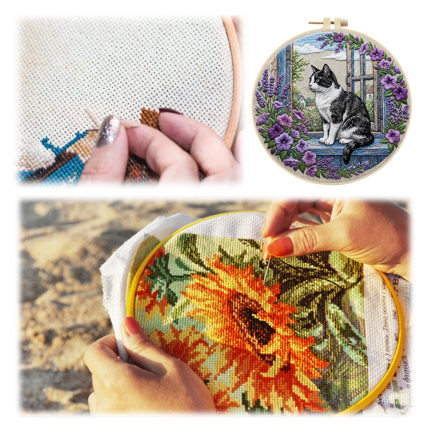 Window Cat - DIY Embroidery Cross Stitch Kit with Pattern Cotton Threads Needles Hoop 30x30CM/11.81x11.81in