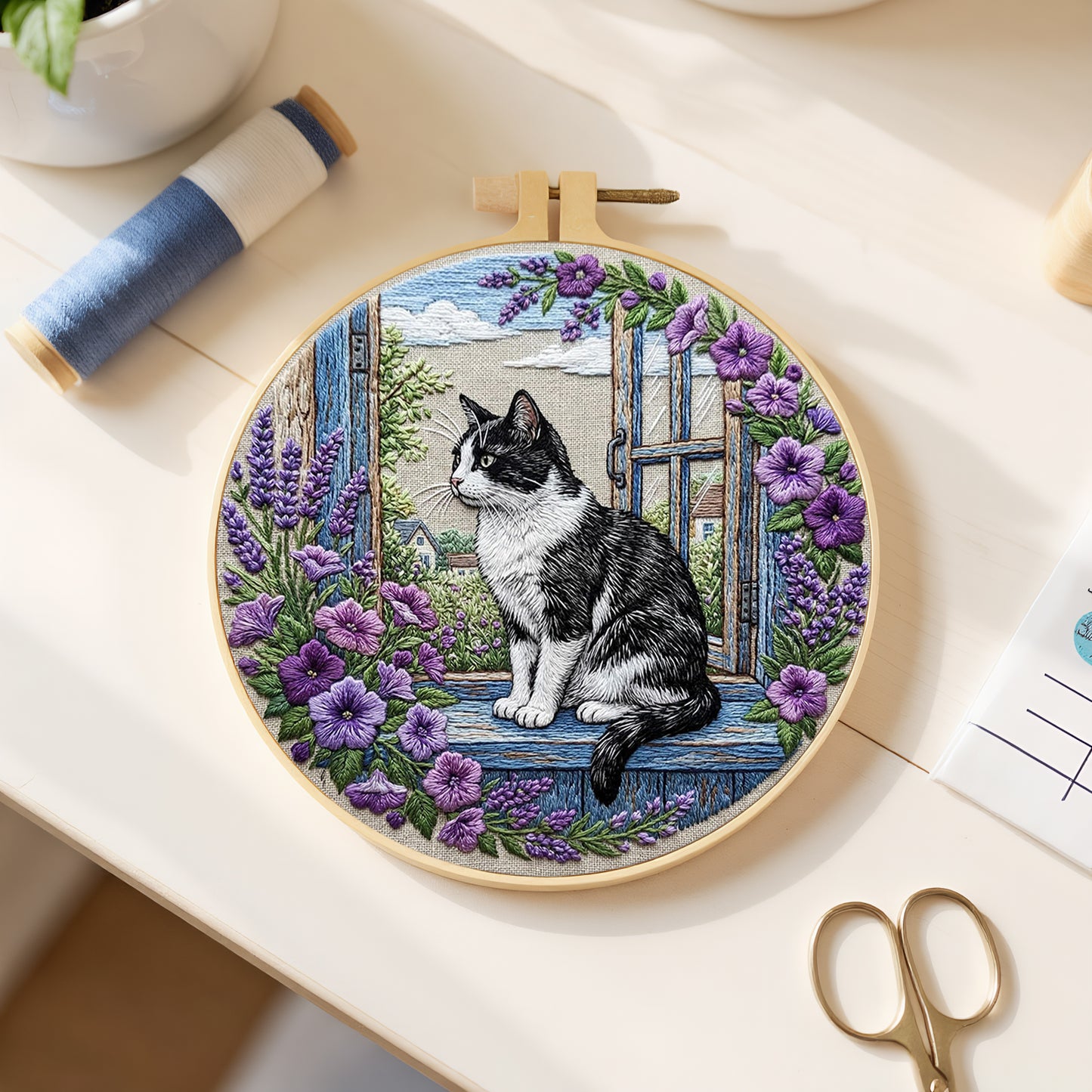 Window Cat - DIY Embroidery Cross Stitch Kit with Pattern Cotton Threads Needles Hoop 30x30CM/11.81x11.81in